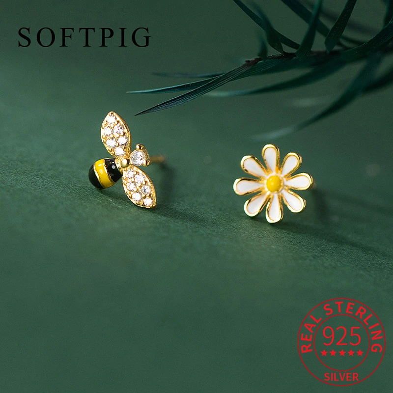 SOFTPIG Real 925 Sterling Silver Zircon Bee Flower Stud Earrings For Fashion Women Cute Fine Jewelry Asymmetric Accessories