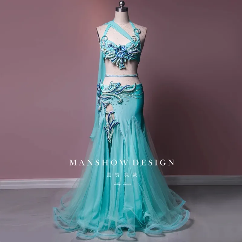

Customized Belly Dance Performance Costume Female Adult Sexy Fairy Style Mesh Fish Tail Bra Long Dress Set ベリーダンス