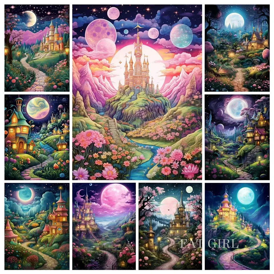 5D Diy Diamond Painting Fantasy Castle Landscape Fairy Tale House Full Square Diamond Cross Stitch Living Room Home Decoration