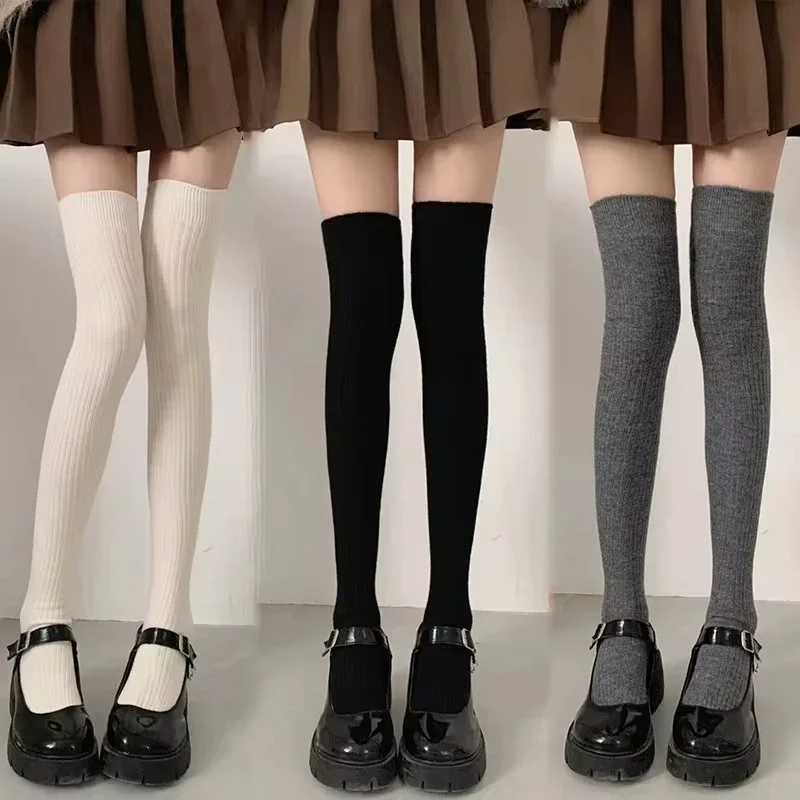 Women's Autumn Winter Black White JK Lolita Long Stockings Vertical Stripes Cotton over Knee Thigh High Socks for Girls