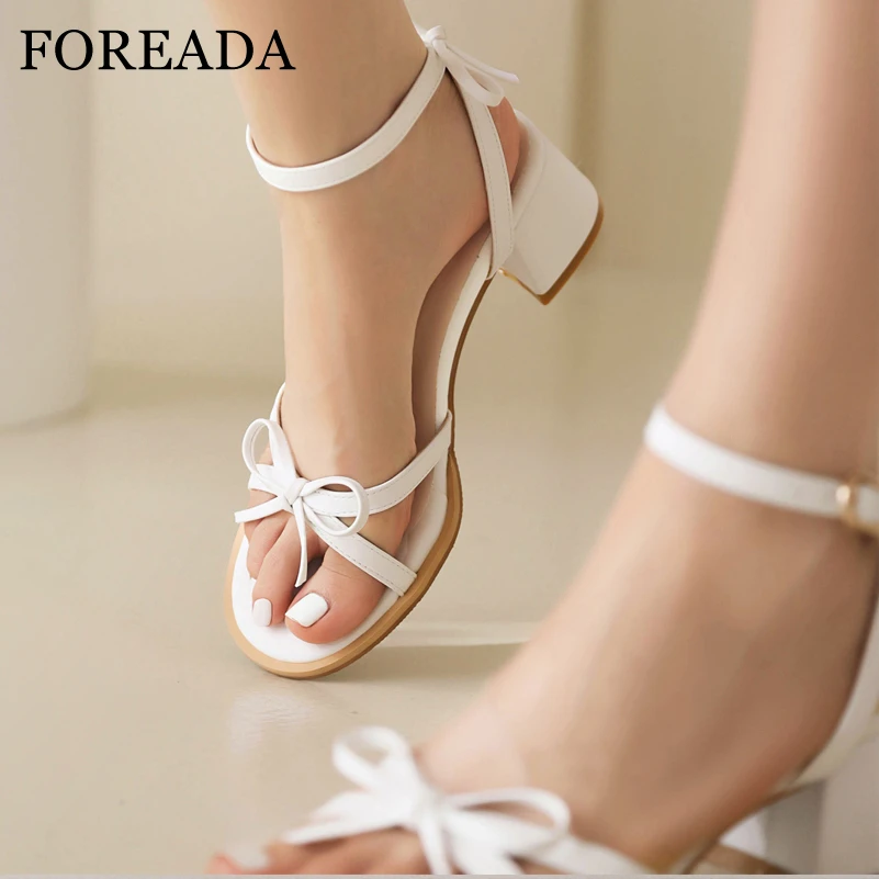 FOREADA Women Ankle Strap Sandals Round Toe Block Mid Heels Buckle Bow Ladies Fashion Casual Shoes Summer Black White Pink 45