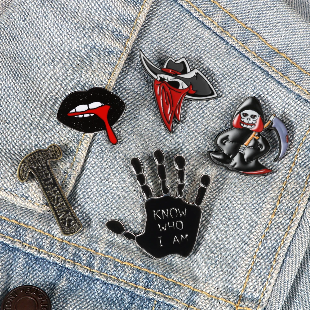 Punk Dark Horror Brooches Devil Hell Masked Pirate Enamel Pins Gesture Ax Lips Badges Backpack Denim Pin Creative Jewelry Gifts