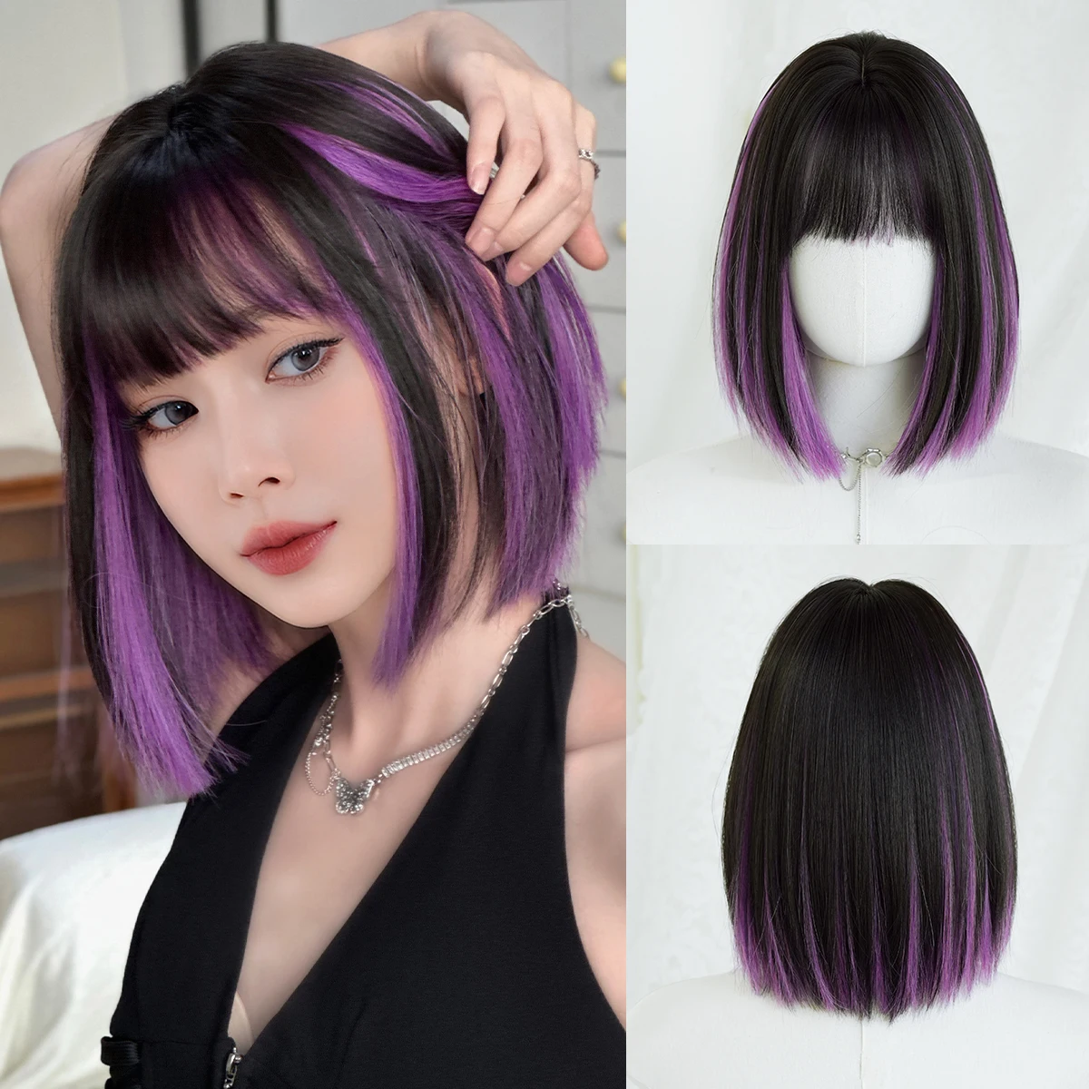 7JHH WIGS Short Straight Black Ombre Purple Wig for Women Synthetic Layered Modest Fashion Wear and Go Wigs with Neat Bangs