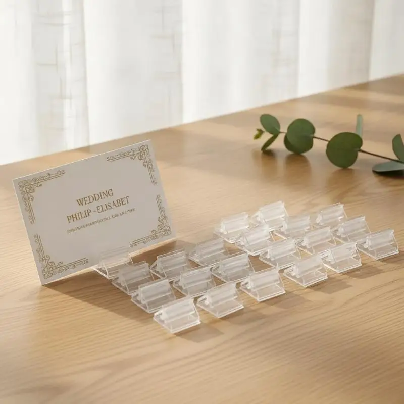 50/100Pcs Mini Table Sign Stands Clear Plastic Wedding Party Cards Holders Business Card Menus Price Tags Picture Display Holder