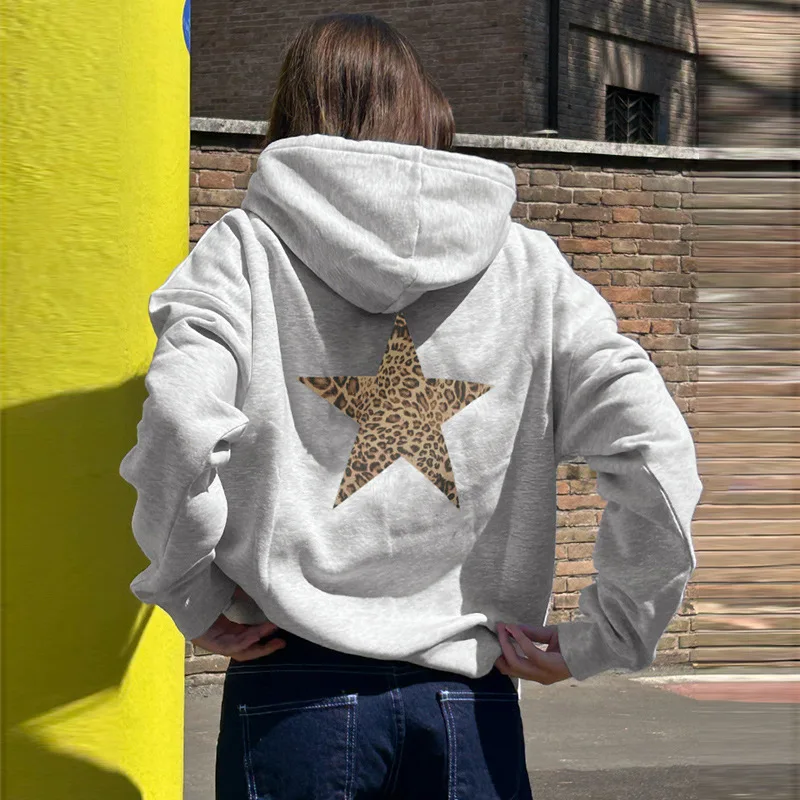 Simple grey leopard print five-pointed star loose hoodie girls basic all-in-one autumn and winter pullover top hoodies