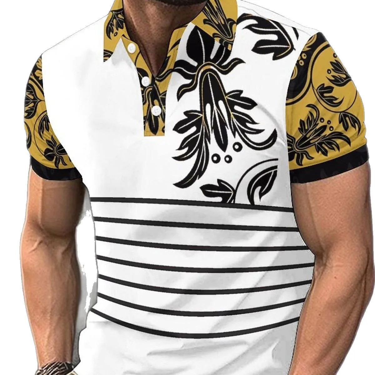 New European and American Summer Men's Polo Shirt Printed Short Sleeve Button Collar T-shirt Casual Top European and American