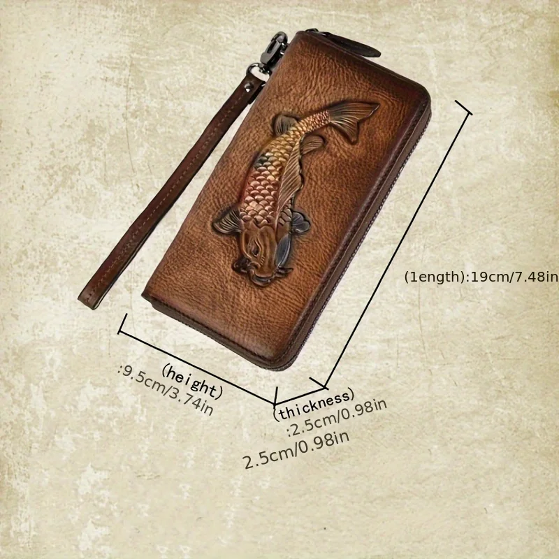 Vintage Style Fish Pattern Long Clutch Wallet, Zipper Around Coin Purse, Classic Textured Large Capacity Credit Card Holder