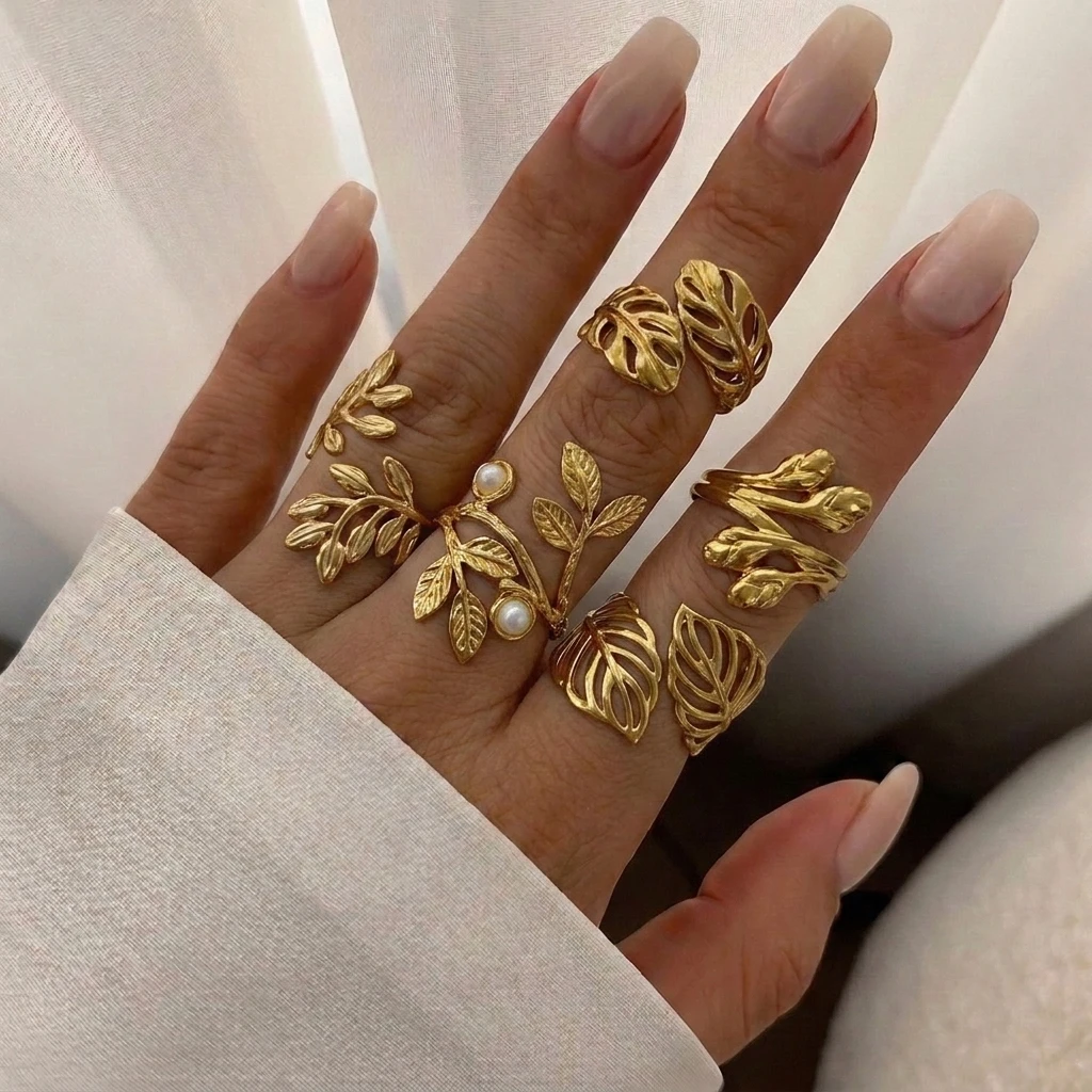 Stainless Steel Leaf Open Rings For Women Gold Plated Vintage Tulip Branch Pearl Adjustable Stackable Ring Waterproof Jewelry