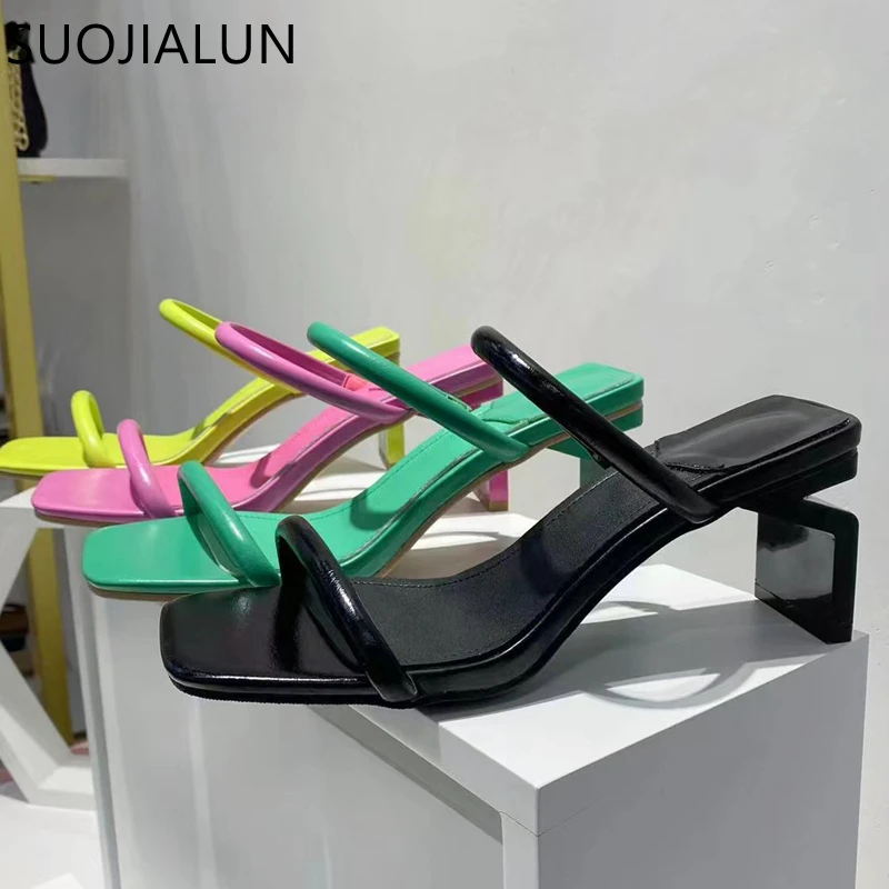 SUOJIALUN 2022 Summer Gladiator Shoes Square High Heel Women Slides Fashion Narrow Band Square Toe Ladise Beach Sandal Slides