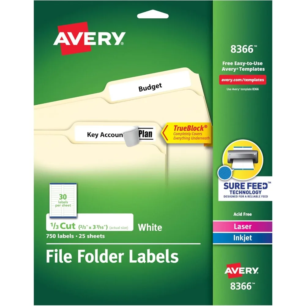 Label Folder File, Perekat Permanen, Laser/Inkjet, 5 Paket, 3,750 Label Total (08366)