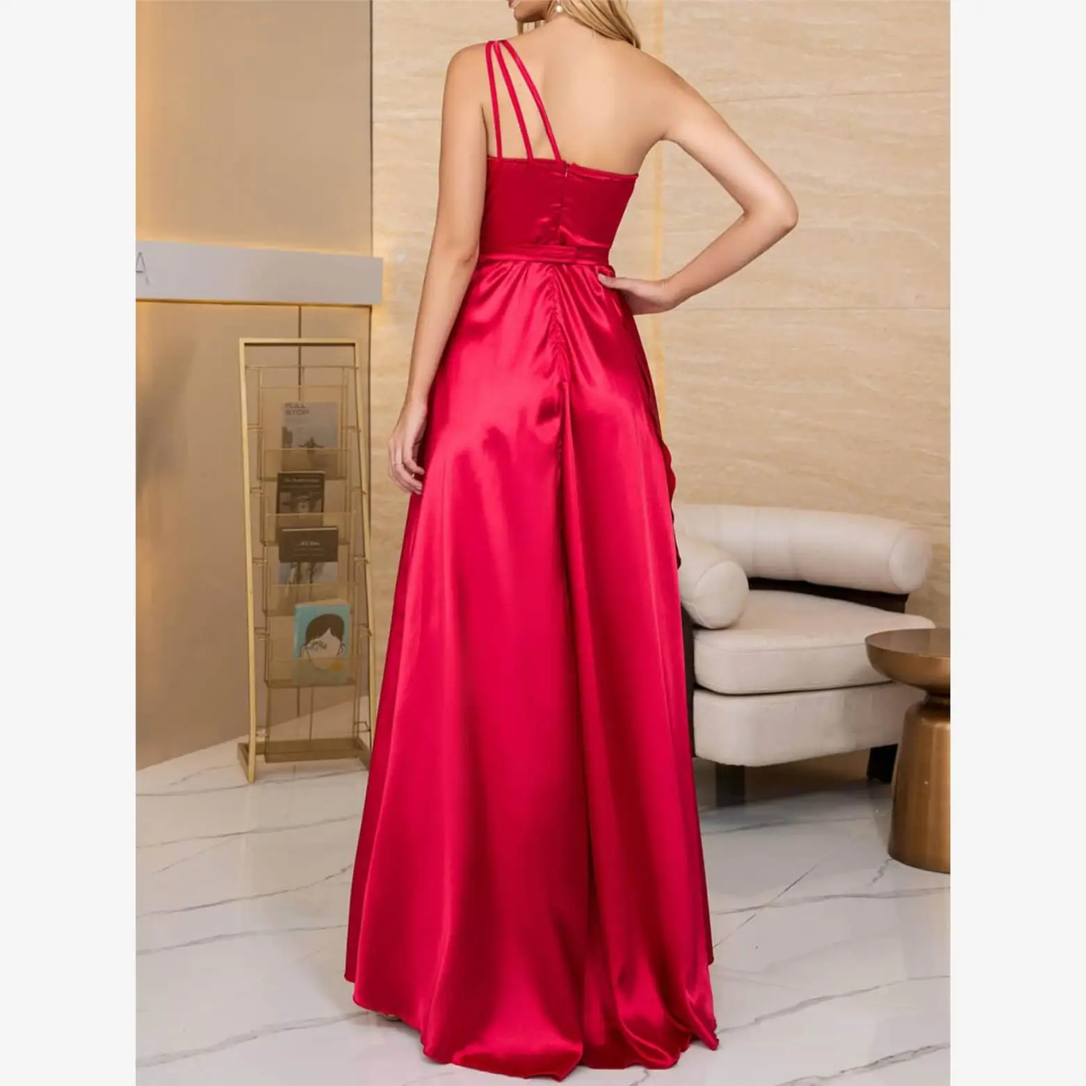 원숄더 하이웨이스트 롱 슬릿 새틴 파 드레스 A라인 이브닝 드레스 싱글 스트랩 플로어 길이 스커트