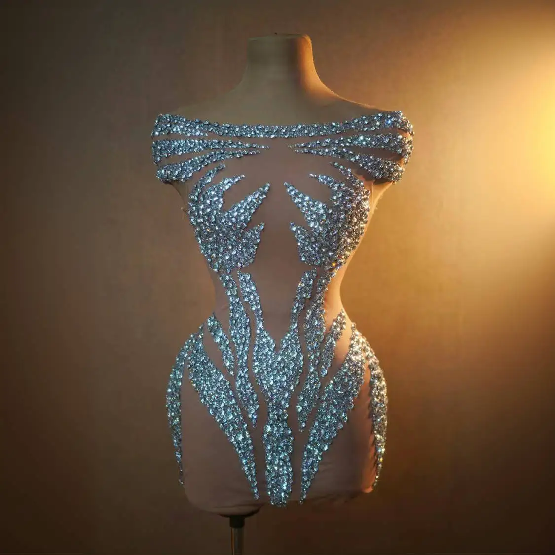 Flashing Small Diamond Sexy Off-The-Shoulder See-Through Sheath Dress Evening Party Performance Costume Singer Dancer Stage Wear