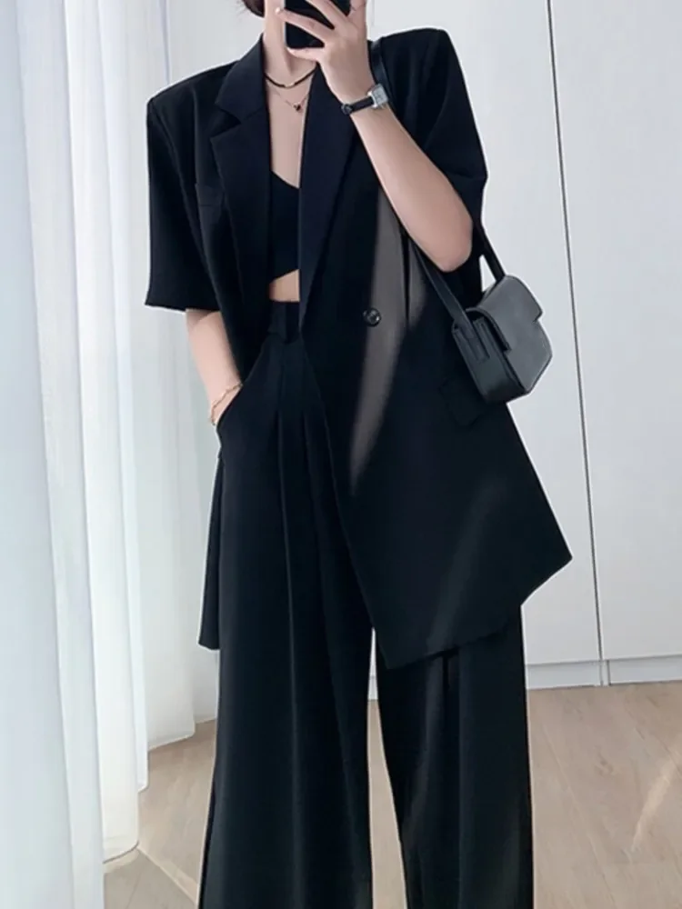 2024 Short Sleeve Wide Leg Pants Blazer Suit Two Piece Set Summer New Fashion Work Business Casual Female Clothes