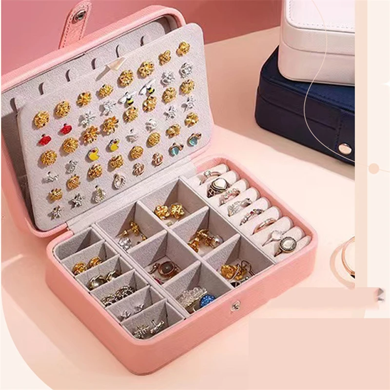 

Double-Layer Portable Jewelry Box Organizer Display Travel Necklace Earrings Ring Case Boxes Leather Storage Zipper Jewelers Box