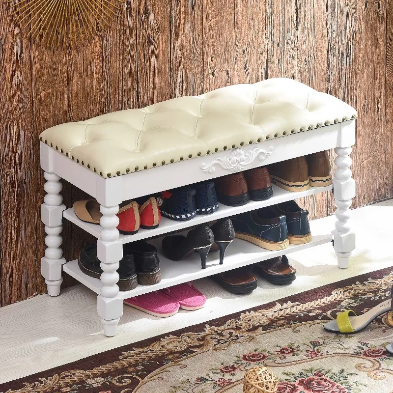 

White solid wood shoe changing stool shoe cabinet for home use, dust-proof soft bag at the door can sit on multi-functional stor