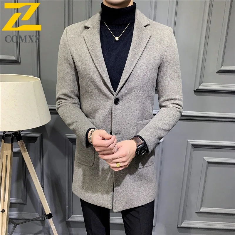 

COMXZ New Mens Trench Coat Lightw Luxurious Mid-Length Wool Blend Overcoat Korean Style Trendy Tweed Autumn Winter Outerwear