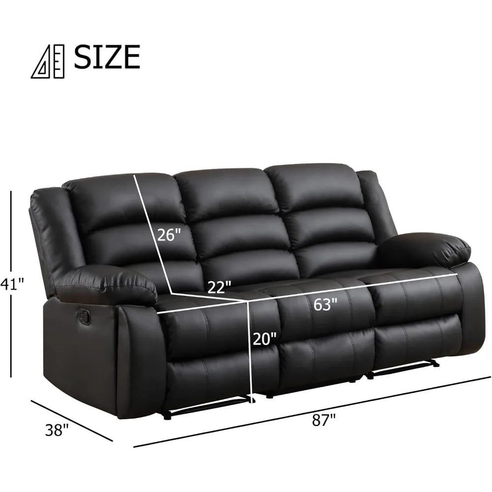 Leather Manual Reclining Sofa with 2 Concealed Cup Holders,Overstuffed Armrest 3 Seat Recliner Sofa, Couch for Living Room