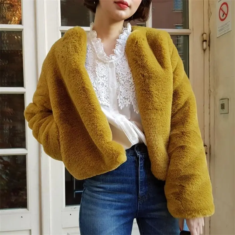 Faux Leather Coat Fashion Faux Rabbit Fur Coat Thicken Warm Soft Jacket Slim Fluffy Women's Clothing 2022 Winter