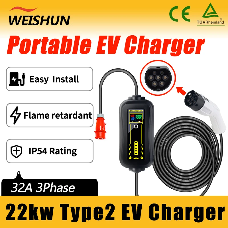 

32A 22KW 3-фазное зарядное устройство для электромобилей Type2 Портативное зарядное устройство для электромобилей Type2 Регулируемый ток зарядное устройство EVSE