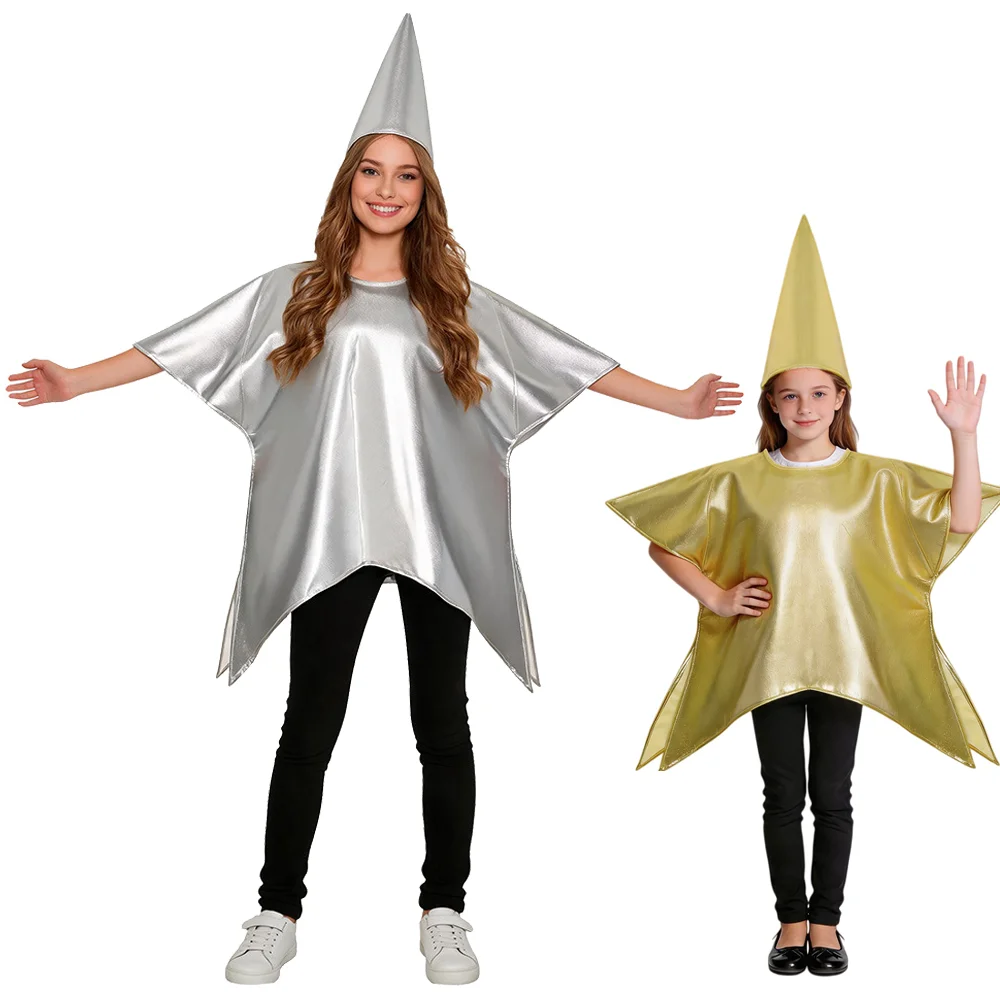 Disfraz de cosplay de estrella para adultos y niños, túnica dorada y plateada brillante, sombrero puntiagudo, ideal para Navidad, Halloween, fiestas de disfraces y eventos temáticos.