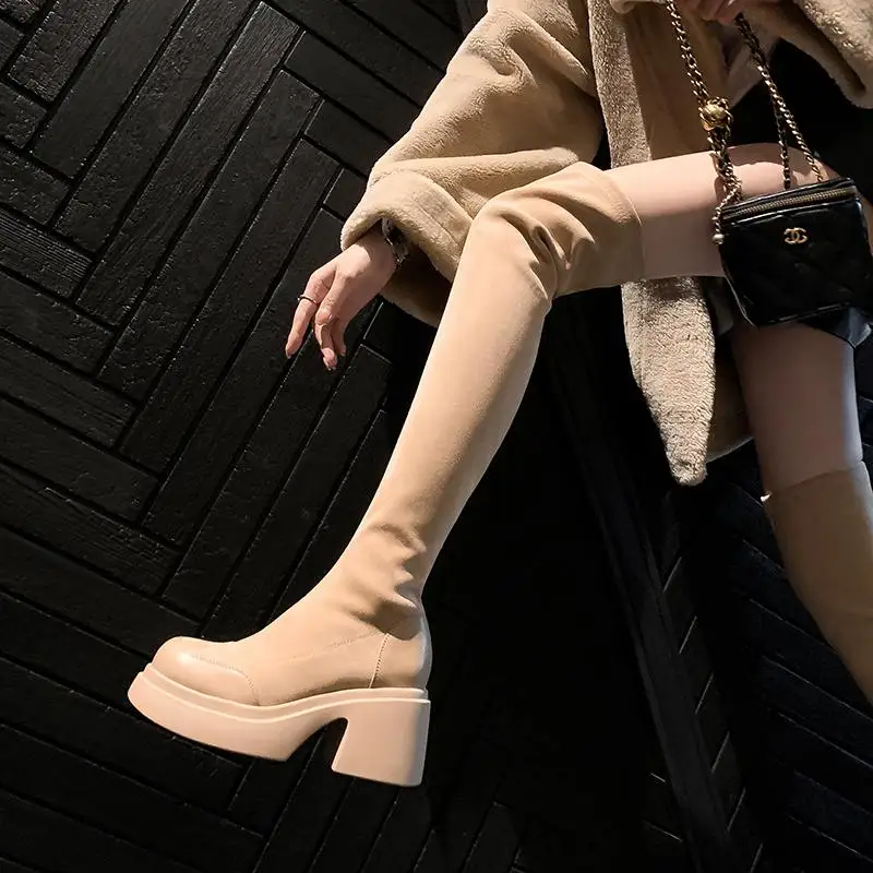 Krazing Pot Cow Leather Flock Round Toe Thick High Heels Platform Boots Winter Keep Warm Elastic Waterproof Over-the-knee Boots