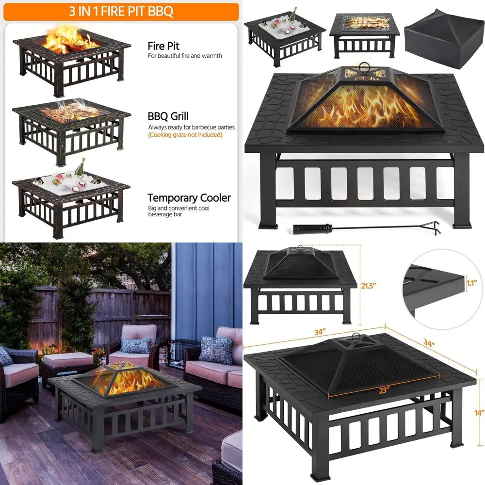 

Outdoor Square Steel Fire Pit Table with Mesh Screen, Waterproof Cover & Poker for Patio Bonfires