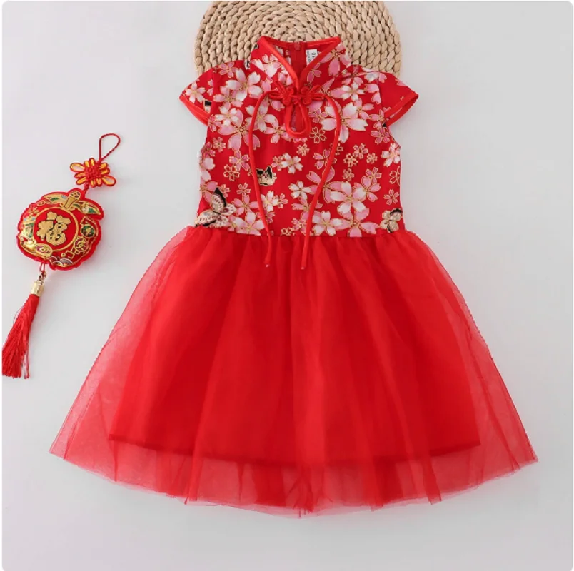 

Hot Sale Chinese Style Girls Qipao Dress Spring Summer Short Sleeve Cheongsam Children's Skirt Red Stage performance Clothing