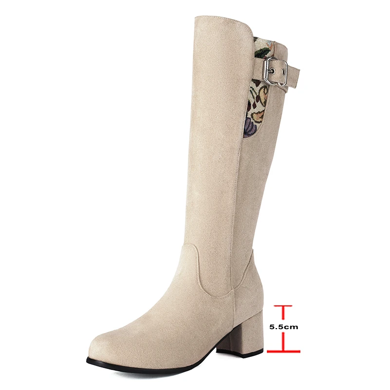 FOREADA-Botas largas hasta la rodilla para mujer, zapatos de tacón alto grueso con hebilla y cremallera, a la moda, color negro, Beige, 43, Invierno