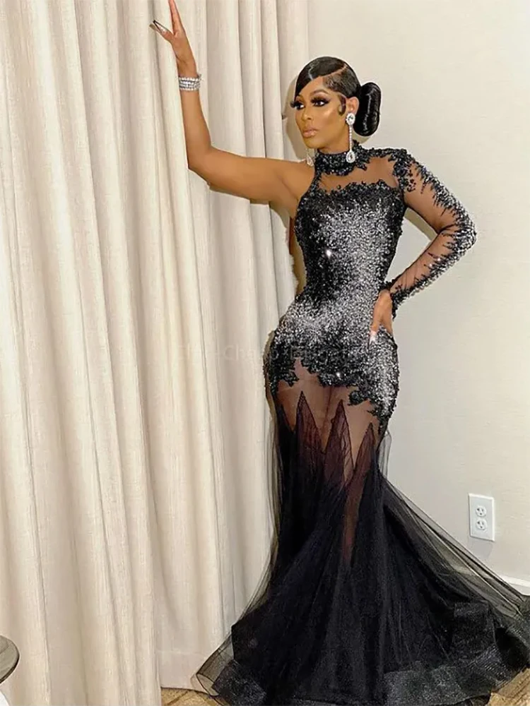 

Luxurious Lace Beaded Plus Size Arabic Aso Ebi Mermaid Black Prom Dresses Evening Formal Party Gowns Dress