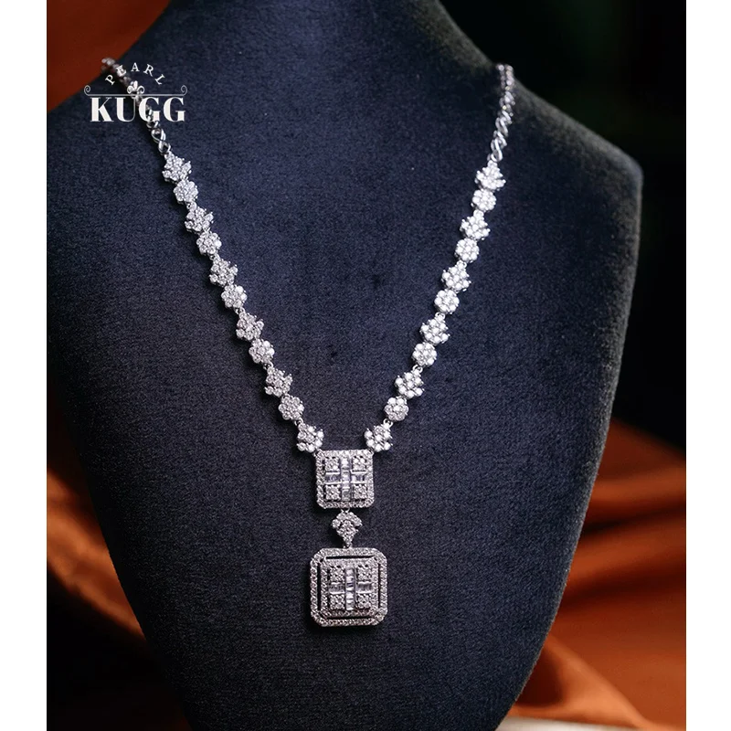 KUGG 100% 18K White Gold Necklace Luxury Square Shape 3.50carat Real Natural Diamond Necklace for Women High Party Jewelry
