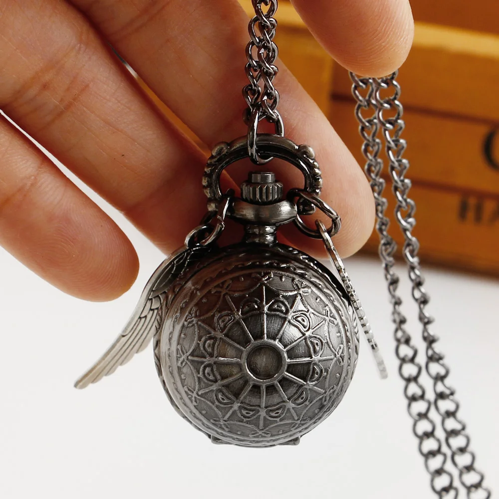 Grey/Bronze Cute Quartz Children's Pocket Watch Small Ball Wing Pendant Sweater Chain Clock reloj hombre