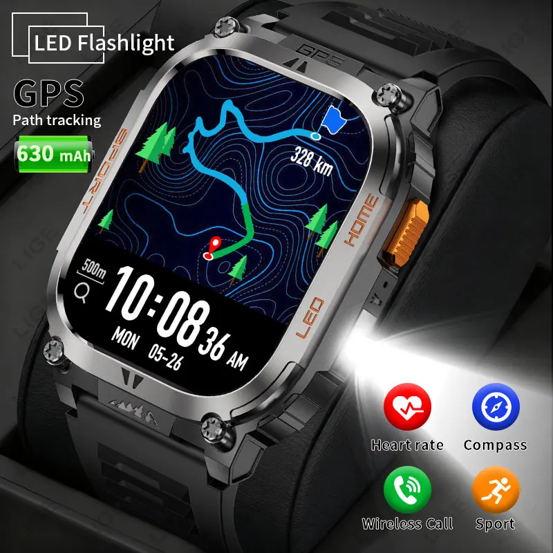 

New GPS Positioning Smart Watch Men LED Flashlight 1.96'' HD Screen Compass Watches Bluetooth Call Waterproof Sports Smartwatch