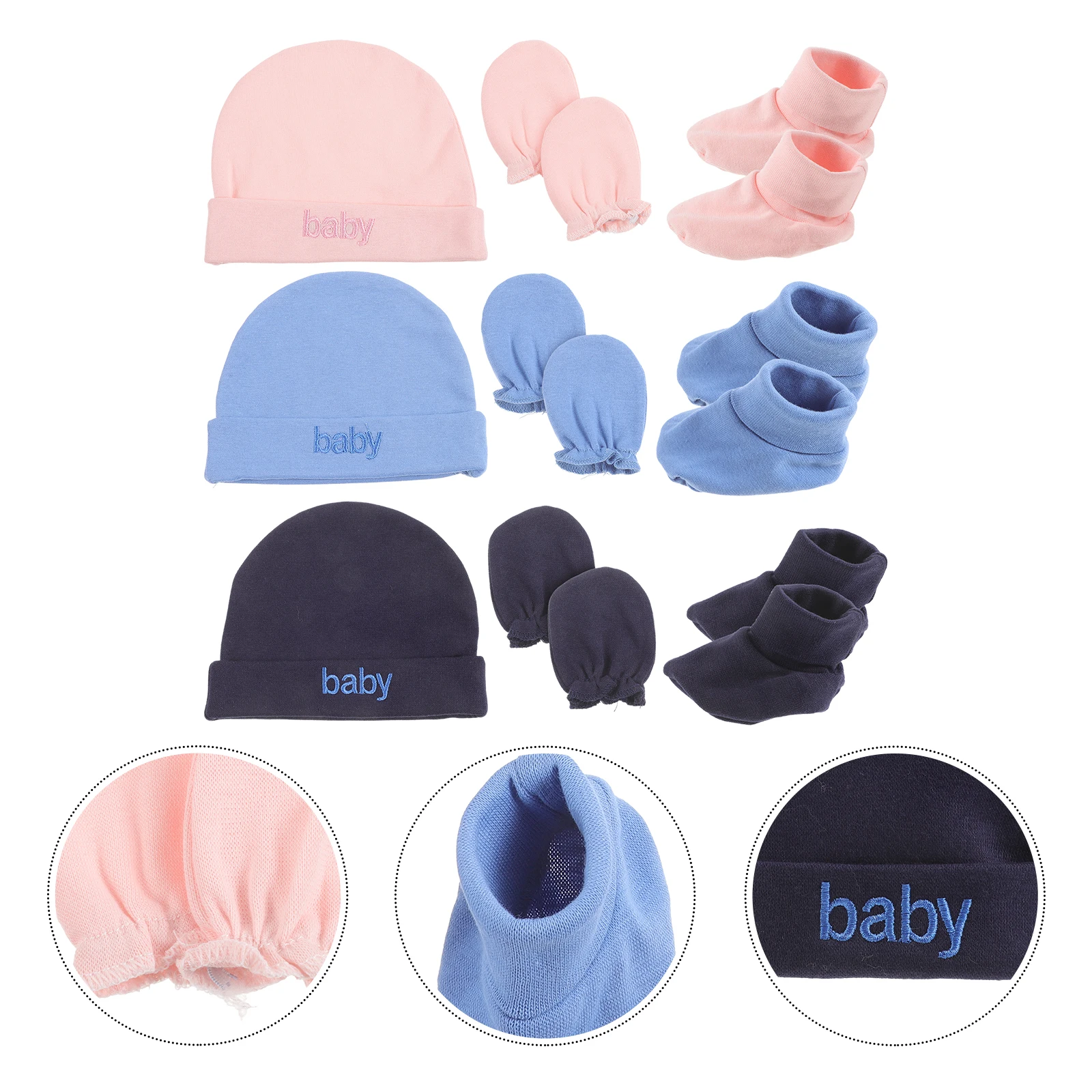 

3 Sets Baby Girl Mittens Hat Socks Newborn Fetal Cap Pink Denim Blue Single Layer Soft Decorative Comfortable Lovely