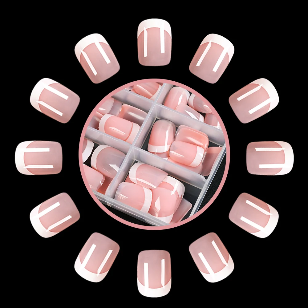 120 قطعة من الأظافر المزيفة المربعة القصيرة باللون الوردي الفرنسي 12 مقاسًا غطاء كامل اضغط على الأظافر يمكن ارتداؤها وأطراف أصابع كاذبة نهائية قابلة للفصل * TD