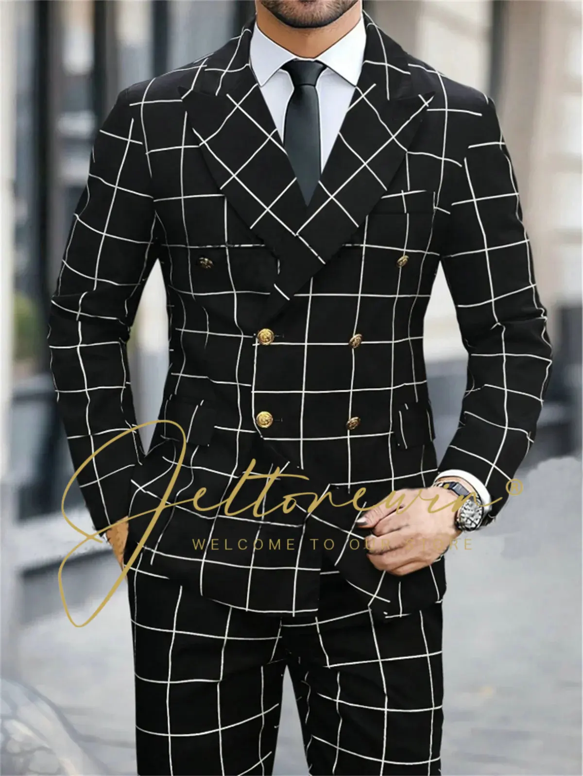 2 Pieces Formal Men's Wedding Suit Double Breasted Peaked Lapel Blazer Black Plaid Dinner Prom Business Tuxedos (Jacket+Pants)