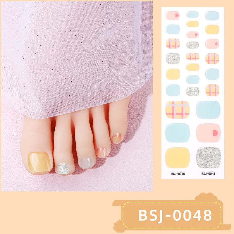 26 Strips Toe Gel Nail Sticker 3D Phototherapy Waterproof Korean Semi Cured Foot Gel Nail Art Wraps Get Hard After the UV Light