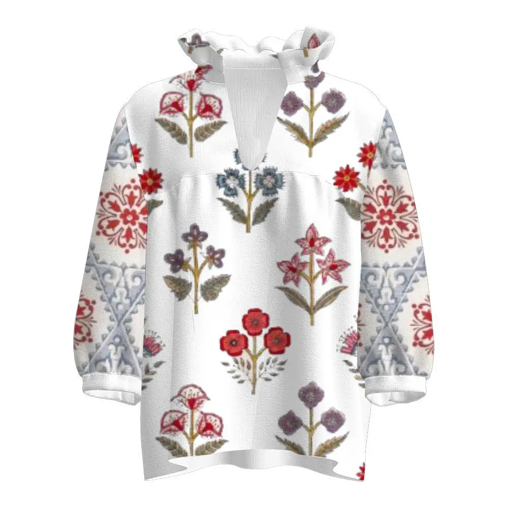 Femmes imprimé col montant irt mi SVE haut trajet Sle Polyester fibre cinq Sve longueur régulière mince