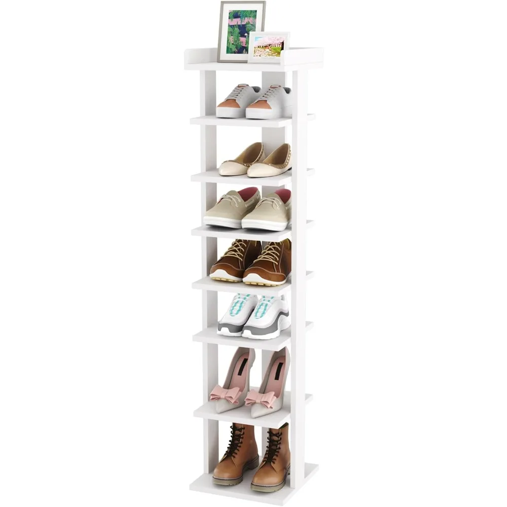 

7-Tier Wood Shoe Rack, Entryway Tower,Vertical Shoe Organizer, Wooden Storage Stand, White