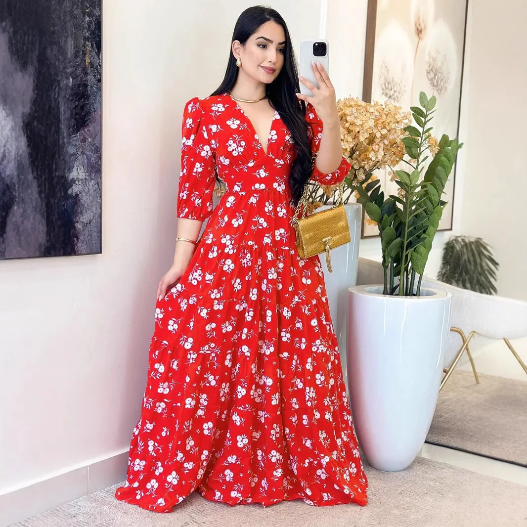 

Long Dress Women Dresses V Neck Full Sleeve Print Floral Vestidos Maxi A Line Loose Elegant Y2k Streetwear High Waist Party Club