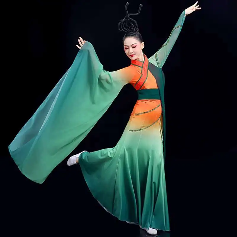 زي رقص الأغنية البرتقالية من Qu Yuan بأكمام واسعة، تنورة خالدة متدفقة، هانفو القديمة، دراما الرقص الكلاسيكي هان تانغ