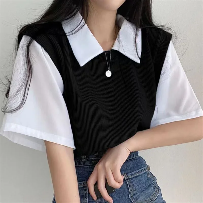 Summer Academy Style Color Blocking Polo Collar Top Fake Two-piece Short Sleeve T-shirt Women Lazy Loose Casual Versatile Blouse