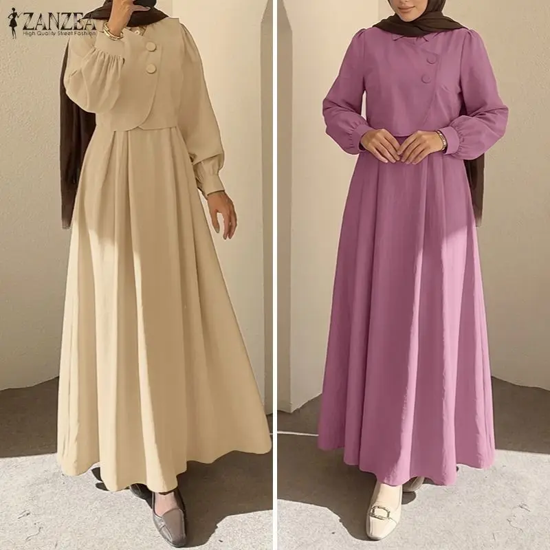 ZANZEA Fashion Muslim Dresses Abaya Ramadan Robe Fake 2 Pieces Women Elegant Long Sleeve Pleated Sundress Dubai Casual Kaftan