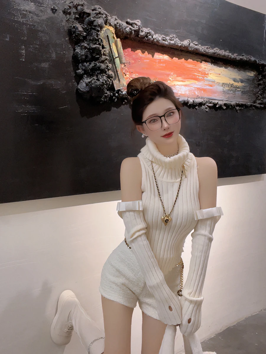 

Women's Slim Fit High Collar Knitted Base irt oulder Bared Autumn Winter New Sle Sve Detachable ort Length Top