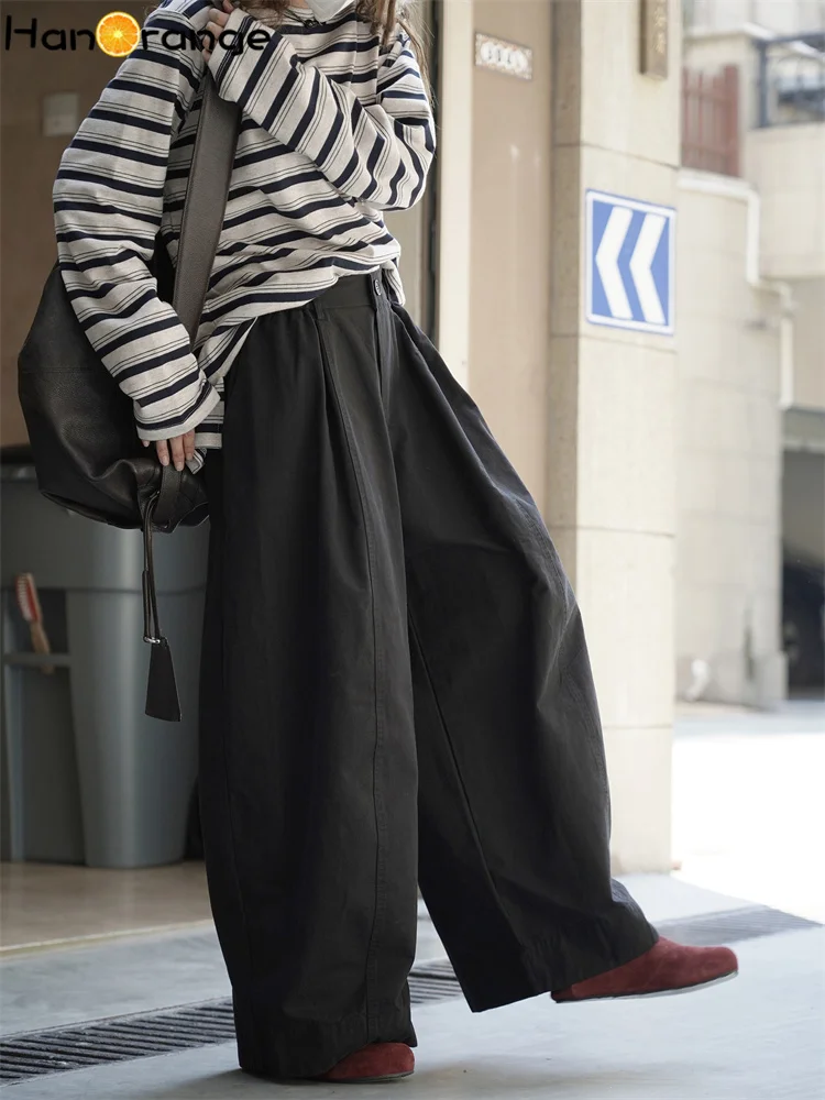 HanOrange 2025 الخريف عادية نصف مرونة الخصر بنطال ذو قصة أرجل واسعة النساء ثلاثية الأبعاد استقامة 100% سراويل قطنية أسود/مشمش/أخضر