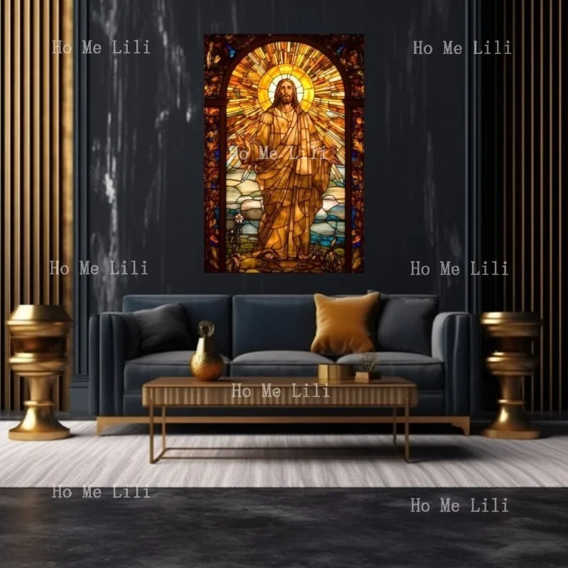Плакат с изображением Иисуса из витражного стекла Sunlit Radiance и принтом на холсте без рамы Плакат с изображением Иисуса из витражного стекла Sunlit Radiance и принтом на холсте без рамы