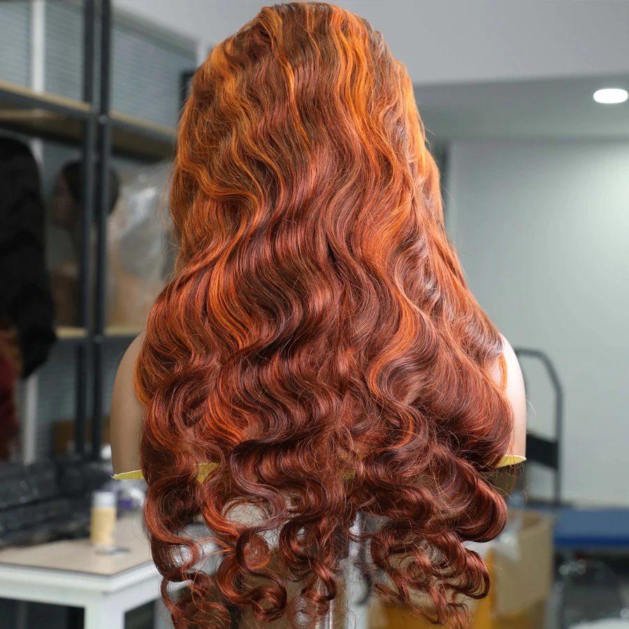 Pelucas de cabello humano con encaje Frontal 13x6 para mujer, cuerpo naranja jengibre ondulado, pelucas frontales de encaje resaltadas transparentes brasileñas P4/350