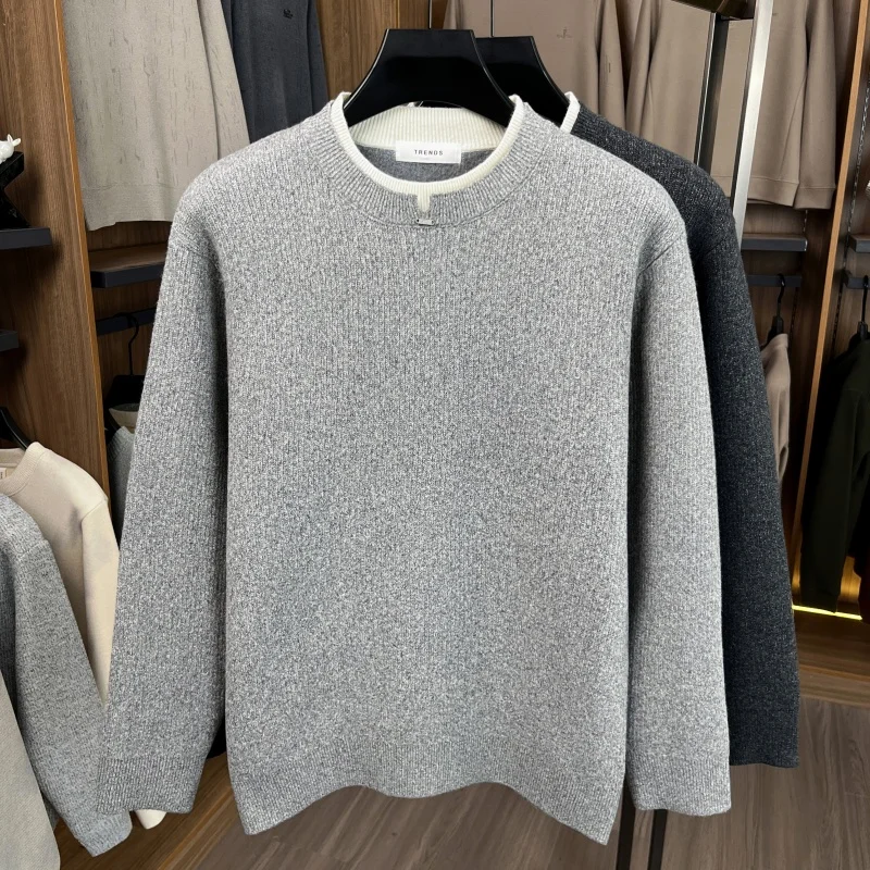 الرجال الخريف جودة عالية طويلة الأكمام سترة الجولة الرقبة نموذج جديد متماسكة كاذبة قطعتين الأعمال الترفيه الاتجاه ملابس للرجال