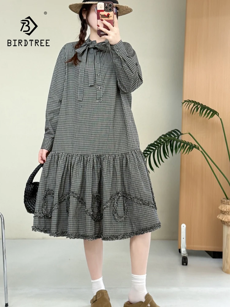 New 2026 Spring Women Cotton Long Sleeve Dresses, O Neck Plaid Bow Patchwork, Mori Girl Retro Japan Style Loose Dress D61759CC