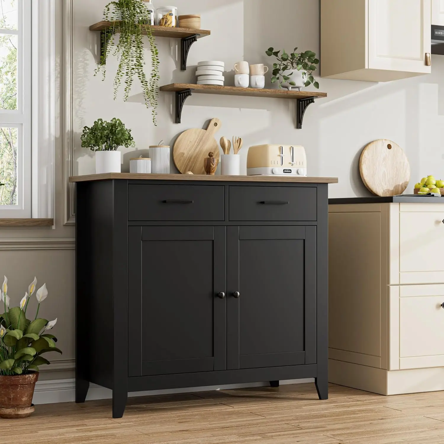 خزانة بوفيه حديثة للمزرعة مع درجين وبابين، تخزين المطبخ باللون الأسود/البني الريفي لغرفة المعيشة وغرفة الطعام والحمام