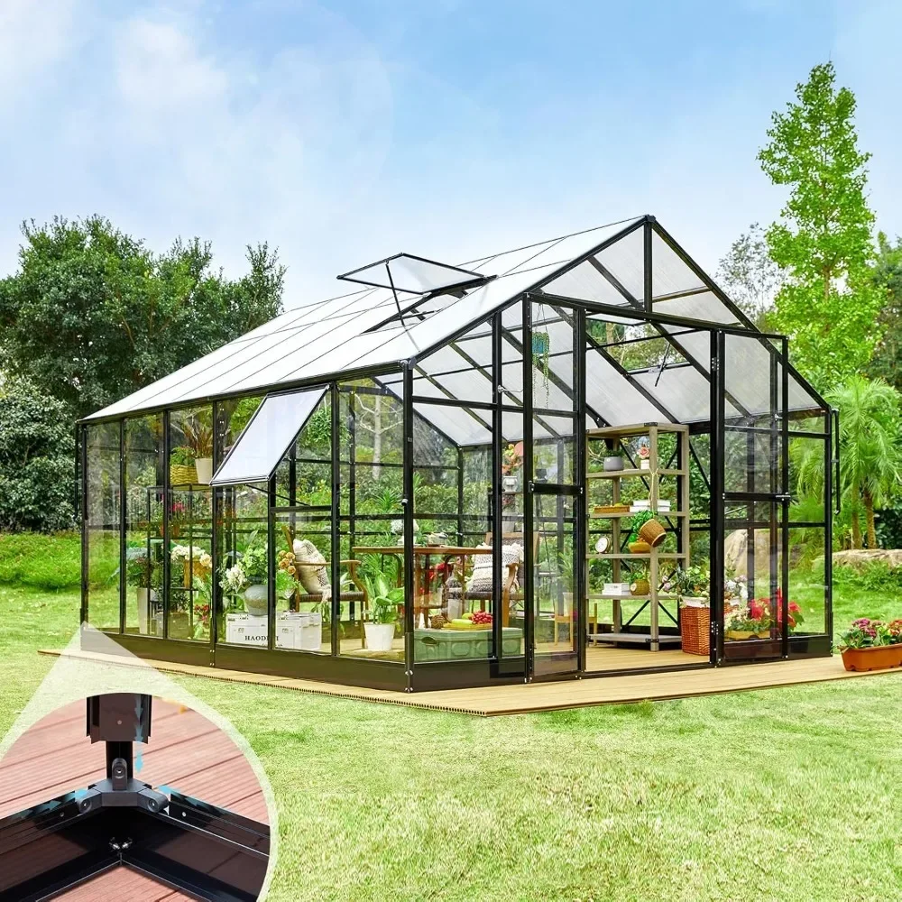 

12x13.5x9 Feet Mixed Polycarbonate Greenhouse, Walk-in Large Outdoor Greenhouse, Swinging 2 Doors and 4 Ventilation Openings